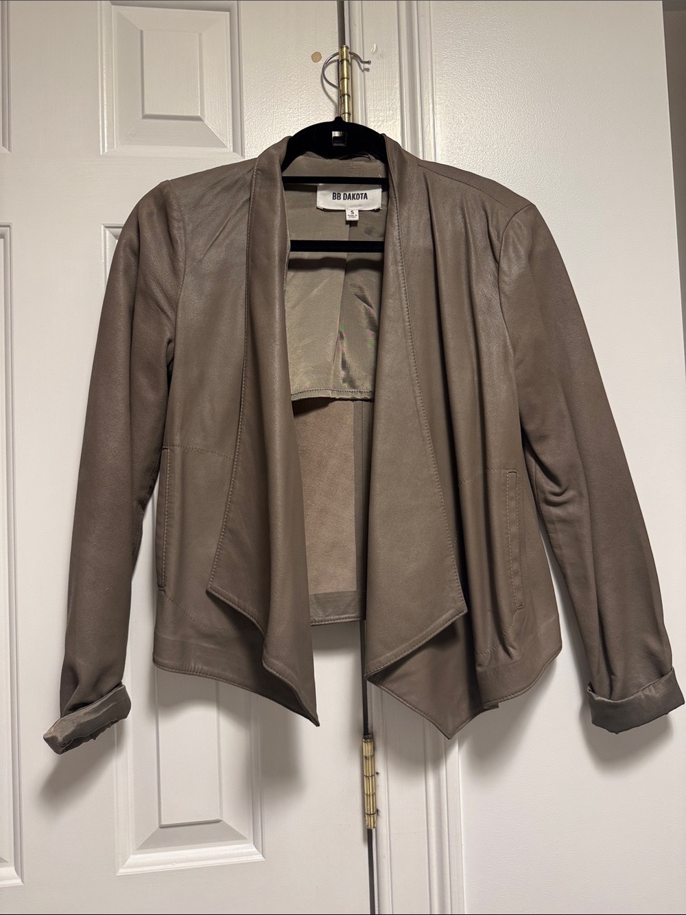 BB Dakota Taupe Open-Front Draped Leather Jacket